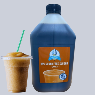 Blue bottle of Jack Frost 99% Sugar Free Cola with a cup of cola on a gray background